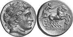 THE GREEK WORLD MACEDONIA Philip II, King of Macedon, 359-336 Estimate: CHF 6'500.00 Stater (Gold, 8.60g 11), Colophon, c. 322. Laureate head of Apollo to right. Rev. Biga galloping to right; below ho
