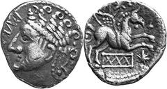 The Celtic Coinage of Britain The Cantiaci – Kent in South East England Estimate: CHF 2'500.00 Dubnovellaunus in Kent. Unit (Silver, 1.20 g 11), c. 20 BC–AD 10. DVBNO Laureate male head to left. Rev. 
