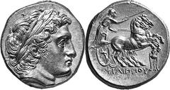 MACEDONIA Philip II, King of Macedon, 359-336 Estimate: CHF 6'500.00 Stater (Gold, 8.60 g 11), Colophon, c. 322. Laureate head of Apollo to right. Rev. Biga galloping to right; below horses, tripod. J