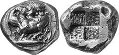 ASIA MINOR MYSIA Kyzikos Estimate: CHF 30'000.00 Stater (Electrum, 15.99 g), c. 360-340. Bull, with head raised, collapsing to left, attacked by lion leaping on his back to right; below, tunny fish to
