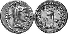 THE REPUBLIC Estimate: CHF 1'800.00 Q. Caepio Brutus and L. Sestius. Denarius (Silver, 3.86 g 12), military mint traveling with Brutus in southwestern Asia Minor, spring to early summer 42. L.SESTI.PR