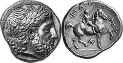 Macedonia Philip II, King of Macedon, 359-336 Estimate: CHF 2'800.00 Tetradrachm (Silver, 14.46 g 2), Pella, c. 336/5-329/8. Laureate head of Zeus to right. Rev. Nude jockey on horseback to right, hol