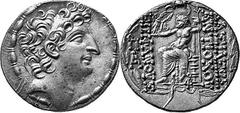 Syria and the East Antiochos VIII, King of Syria, 121-96 Estimate: CHF 450.00 Tetradrachm (Silver, 16.47 g 12), fourth reign in Antioch, 109/8-96/5. Diademed head of Antiochos VIII to right; fillet bo
