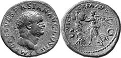 The Early Roman Empire Vespasian Estimate: CHF 8'500.00 Dupondius (Orichalcum, 14.69 g 6), 71. IMP CAES VESPASIAN AVG COS III Radiate head of Vespasian to right. Rev. VICTORIA AVG S C Victory walking 