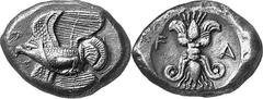 THE COINAGE OF OLYMPIA c. 468-452, Olympiads 78-82 Estimate: CHF 18'000.00 Stater (Silver, 12.11 g 6), c. 460s. Eagle flying left with wings above and below his body, grasping snake in his beak and ta