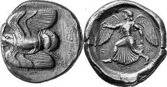 THE COINAGE OF OLYMPIA c. 468-452, Olympiads 78-82 Estimate: CHF 28'000.00 Stater (Silver, 12.08 g 11), c. 460s. Eagle, grasping snake and flying to left, as last. Rev. F Nike running to left wearing 