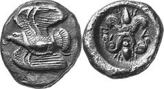 THE COINAGE OF OLYMPIA c. 468-452, Olympiads 78-82 Estimate: CHF 3'750.00 Drachm (Silver, 5.75 g 4), c. 460s. Eagle left, as last. Rev. F Thunderbolt with wings above and volutes below. Seltman p. 12,