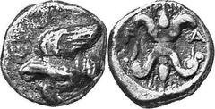 THE COINAGE OF OLYMPIA c. 468-452, Olympiads 78-82 Estimate: CHF 500.00 Obol (Silver, 1.02 g 4), c. 460s. Eagle flying left, grasping snake, as above. Rev. F Thunderbolt with wings above and volutes b
