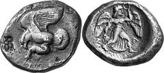 THE COINAGE OF OLYMPIA c. 468-452, Olympiads 78-82 Estimate: CHF 1'800.00 Stater (Silver, 12.00 g 6), c. 460s-450s. Eagle flying right, as last; to left, countermark of a six-rayed star, as above, lot