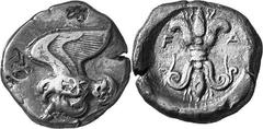 THE COINAGE OF OLYMPIA c. 468-452, Olympiads 78-82 Estimate: CHF 1'500.00 Stater (Silver, 11.89 g 2), c. 460s-450s. Eagle as last, but with at least five countermarks: two or three on the eagle’s body