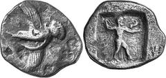 THE COINAGE OF OLYMPIA c. 452-432, Olympiads 82-87 Estimate: CHF 1'500.00 Stater (Silver, 10.79 g 5), c. late 450s. [F] (retrograde) Eagle flying left with wings above and below, grasping snake in his