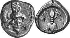 THE COINAGE OF OLYMPIA c. 452-432, Olympiads 82-87 Estimate: CHF 4'500.00 Stater (Silver, 12.45 g 11), c. 450-440. Eagle flying right as last; in field to right, two countermarks. Rev. F Thunderbolt w