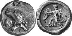 THE COINAGE OF OLYMPIA c. 452-432, Olympiads 82-87 Estimate: CHF 2'500.00 Drachm (Silver, 6.04 g 3), c. 450-440. Eagle flying right with both wings above his body, grasping hare by the belly with his 