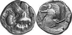 THE COINAGE OF OLYMPIA c. 452-432, Olympiads 82-87 Estimate: CHF 800.00 Stater (Silver, 11.49 g 7), c. 440s-430s. Eagle flying right with both wings above his body, grasping hare by the back with his 