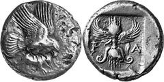 THE COINAGE OF OLYMPIA c. 452-432, Olympiads 82-87 Estimate: CHF 4'800.00 Stater (Silver, 12.34 g 4), c. 440s-430s. Eagle as last, from the same die; to right, two light countermarks. Rev. F Thunderb
