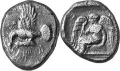 THE COINAGE OF OLYMPIA c. 452-432, Olympiads 82-87 Estimate: CHF 1'800.00 Stater (Silver, 11.59 g 1), c. 432, the 87th Olympiad. Eagle flying left, with wings above and below his body, grasping hare b