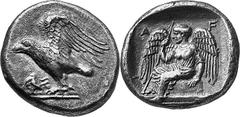 THE COINAGE OF OLYMPIA c. 452-432, Olympiads 82-87 Estimate: CHF 28'000.00 Stater (Silver, 11.91 g 11), c. 432, the 87th Olympiad. Eagle standing left on ground line, his wings raised above his back; 