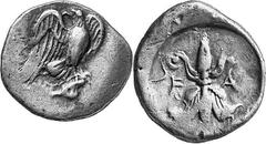 THE COINAGE OF OLYMPIA c. 432-c.421, from the 87th Olympiad to Estimate: CHF 550.00 Hemidrachm (Silver, 2.90 g 9), c. 432-420s. Eagle standing right, similar to the last. Rev. F Thunderbolt, with wing