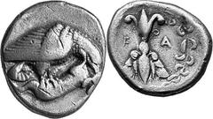 THE COINAGE OF OLYMPIA 421-365, from the Peace of Nikias, and the 90 Estimate: CHF 1'250.00 Stater (Silver, 11.33 g 7), 420, the 90th Olympiad. Eagle, with closed wings, standing right on the belly of