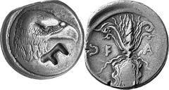 THE COINAGE OF OLYMPIA 421-365, from the Peace of Nikias, and the 90 Estimate: CHF 22'500.00 Stater (Silver, 12.04 g 5), 400, the 95th Olympiad. Eagle’s head and neck to right on round shield with rai