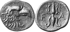 THE COINAGE OF OLYMPIA 421-365, from the Peace of Nikias, and the 90 Estimate: CHF 1'200.00 Hemiobol (Silver, 0.53 g 7), 400, the 95th Olympiad. Eagle’s head and neck to right. Rev. F Thunderbolt, wit