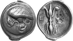 THE COINAGE OF OLYMPIA 421-365, from the Peace of Nikias, and the 90 Estimate: CHF 1'800.00 Stater (Silver, 11.70 g 11), 396, the 96th Olympiad. Eagle standing left, grasping coiled snake with his tal