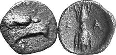 THE COINAGE OF OLYMPIA 421-365, from the Peace of Nikias, and the 90 Estimate: CHF 450.00 Hemiobol (Silver, 0.35 g 12), c. later 390s-380. Head of eagle to right; below, uncertain symbol (or die flaw?