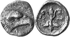 THE COINAGE OF OLYMPIA 421-365, from the Peace of Nikias, and the 90 Estimate: CHF 650.00 Hemiobol (Silver, 0.44 g 12), c. later 390s-380. head of eagle to right as last, struck from the same die. Rev