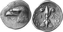 THE COINAGE OF OLYMPIA 421-365, from the Peace of Nikias, and the 90 Estimate: CHF 4'500.00 Hemidrachm (Silver, 2.93 g 3), c. later 390s-380, signed by Polykaon. Head of eagle with long neck to left; 