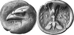 THE COINAGE OF OLYMPIA 421-365, from the Peace of Nikias, and the 90 Estimate: CHF 1'850.00 Hemidrachm (Silver, 2.66 g 6), c. later 390s-380, signed by Polykaon. Head of eagle left as last, from the s