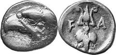 THE COINAGE OF OLYMPIA 421-365, from the Peace of Nikias, and the 90 Estimate: CHF 425.00 Obol (Silver, 0.88 g 11), c. later 390s-380. Head of eagle left. Rev. F Thunderbolt, with wings below and volu