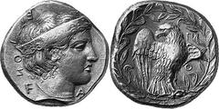 THE COINAGE OF OLYMPIA 421-365, from the Peace of Nikias, and the 90 Estimate: CHF 55'000.00 Stater (Silver, 12.26 g 2), 380, Hera mint, the 100th Olympiad, signed by Polykaon. F Head of Hera to right