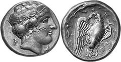 THE COINAGE OF OLYMPIA 421-365, from the Peace of Nikias, and the 90 Estimate: CHF 5'500.00 Stater (Silver, 12.15 g 2), 380, Hera mint, the 100th Olympiad, signed by Polykaon. F Head of Hera to right 