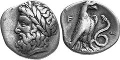 THE COINAGE OF OLYMPIA 360-c. 323, From the 105th Olympiad in Estimate: CHF 500.00 Hemidrachm (Silver, 2.66 g 5), 336, the 111th Olympiad. Laureate head of Zeus to left. Rev. F Eagle, with closed wing