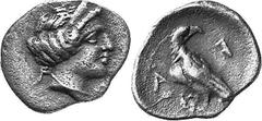 THE COINAGE OF OLYMPIA Hera mint silver fractions c.350s - c. 324 Estimate: CHF 450.00 Obol (Silver, 0.79 g 2), c. 350s. F Head of Hera to right, as last. Rev. F (retrograde) Eagle, with closed wings 