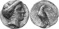 THE COINAGE OF OLYMPIA Hera mint silver fractions c.350s - c. 324 Estimate: CHF 250.00 Obol (Silver, 0.73 g 7), c. 350s. Head of Olympia to right, as last, struck from the same die. Rev. F Eagle, with