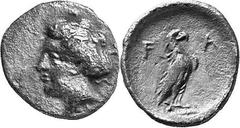 THE COINAGE OF OLYMPIA Hera mint silver fractions c.350s - c. 324 Estimate: CHF 375.00 Obol (Silver, 0.85 g 12), c. 350s. Head of Olympia as last. Rev. F Eagle, with closed wings, standing right. Appa