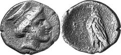 THE COINAGE OF OLYMPIA Hera mint silver fractions c.350s - c. 324 Estimate: CHF 150.00 Obol (Silver, 0.72 g 12), c. 340s. Similar, but eagle standing left. Apparently unpublished. Toned. Good fine.