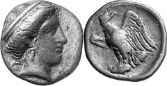 THE COINAGE OF OLYMPIA Hera mint silver fractions c.350s - c. 324 Estimate: CHF 450.00 Hemidrachm (Silver, 2.62 g 7), c. 330s. F Head of Hera to right, wearing pendant earring and narrow stephane. Rev