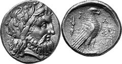 THE COINAGE OF OLYMPIA Last quarter of the 4th century - mid 3 Estimate: CHF 6'500.00 Stater (Silver, 11.91 g 12), c. 270s-260s. Laureate head of Zeus to right. Rev. F / Eagle, with closed wings, stan