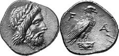 THE COINAGE OF OLYMPIA Last quarter of the 4th century - mid 3 Estimate: CHF 750.00 Hemidrachm (Silver, 2.72 g 5), c. 260s-250s. Laureate head of Zeus to right. Rev. F Eagle, with closed wings, standi