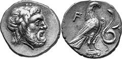 THE COINAGE OF OLYMPIA Last quarter of the 4th century - mid 3 Estimate: CHF 750.00 Hemidrachm (Silver, 2.68 g 5), c. 260s-250s. Laureate head of Zeus to right. Rev. F Eagle, with closed wings, standi