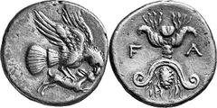 THE COINAGE OF OLYMPIA The Last Silver Issues of Olympia, c. mid 250s-210 Estimate: CHF 450.00 Drachm (Silver, 4.73 g 10), c. 245/240-210. Eagle, with raised wings, flying right, grasping the back of 