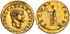 Roman Gold Coins Otho, 15 January – Mid April 69 Estimate: CHF 45'000.00 Aureus (Gold, 7.40 g 5), mid January-mid April 69.Obverse: IMP M OTHO CAESAR AVG TR P Bare head of Otho to right.Reverse. SECVR