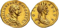 Roman Gold Coins Hadrian, 117-138 Estimate: CHF 50'000.00 Aureus (Gold, 7.45 g 7), Rome 118. Obverse: DIVO TRAIANO PARTH AVG PATRI Laureate and draped bust of Divus Trajan to right.Reverse: PLOTINAE A