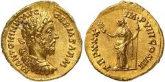 Roman Gold Coins Marcus Aurelius, 161-180 Estimate: CHF 7'500.00 Aureus (Gold, 7.33 g 12), Rome, 175-176.Obverse: M ANTONINVS AVG GERM SARM Laureate and cuirassed bust of Marcus Aurelius to right.Reve