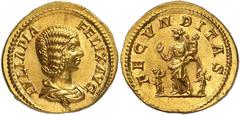 Roman Gold Coins Julia Domna, Wife of Septimius Severus Estimate: CHF 26'000.00 Aureus (Gold, 7.22 g 12), Rome, struck under Caracalla and Geta, 211.Obverse: IVLIA PIA FELIX AVG Diademed and draped bu