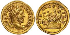 Roman Gold Coins Geta, 209-211 Estimate: CHF 30'000.00 Aureus (Gold, 7.57 g 6), Rome, ca. mid 211.Obverse: P SEPT GETA PIVS AVG BRIT Laureate and bearded head of Geta to right.Reverse: LIB AVGG VI ET 