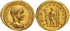 Roman Gold Coins Diadumenian Caesar, 217-218 Estimate: CHF 52'500.00 Aureus (Gold, 7.25 g 12), Rome, July 217-March 218.Obverse: M OPEL ANT DIADVMENIAN CAES Bare-headed, draped and cuirassed bust of D