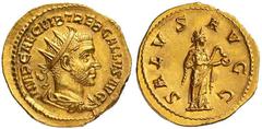 Roman Gold Coins Trebonianus Gallus, 251-253 Estimate: CHF 20'000.00 Binio (Gold, 6.17 g 6), Rome, ca. June – November 251.Obverse: IMP CAE C VIB TREB GALLVS AVG Radiate, draped and cuirassed bust of 